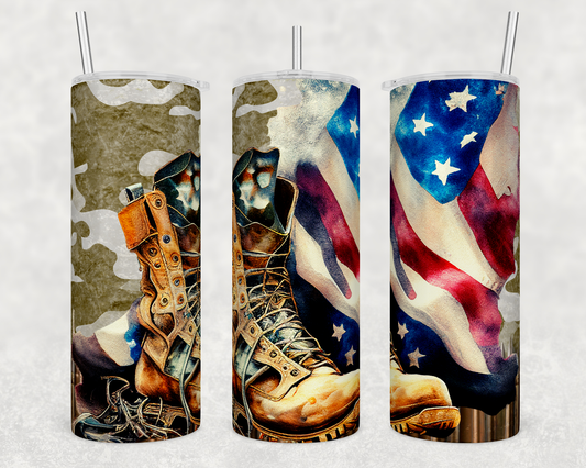 a pair of boots and an american flag printed on a travel mug